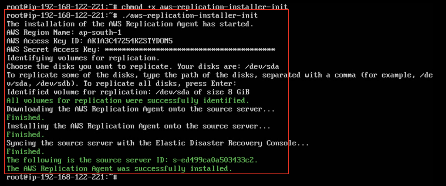 Figure 2. Command line output showing installation of DRS agent on source server